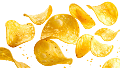 Golden, thin, crispy potato slices scattered against a black background