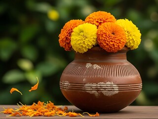 Vibrant marigold flowers in a traditional clay pot on a wooden table outdoors