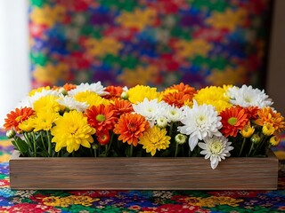 Vibrant flowers in a wooden box on a colorful tablecloth