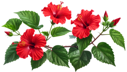 Vivid, detailed illustration of red hibiscus blooms with green leaves and buds, isolated