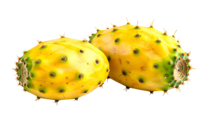 Two ripe, oval-shaped fruits with spiky exteriors and vibrant yellow hues on a dark background