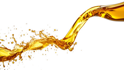 Stream of golden liquid pours and splashes against a dark background, creating dynamic shapes