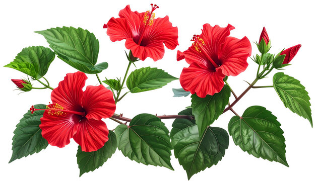 Vivid, detailed illustration of red hibiscus blooms with green leaves and buds, isolated