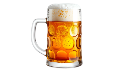 Crystal clear, bubbly beer in a classic stein with thick, foamy head, set on black