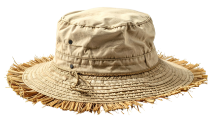 Beige bucket hat with a straw brim and a string tie. Solid background removed