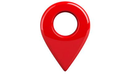Glossy red location marker, a teardrop shape with a central hole, isolated on black