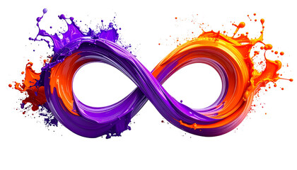 An infinity symbol rendered with purple and orange paint, splashing dynamically on black background