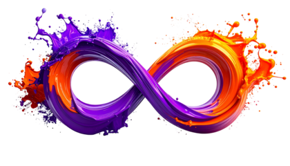 An infinity symbol rendered with purple and orange paint, splashing dynamically on black background