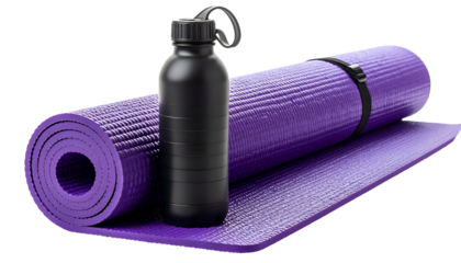Rolled yoga mat with black strap, water bottle, on black background