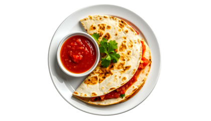 Top-down shot of quesadilla & salsa on a white plate, with cilantro garnish