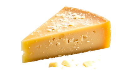 Slice of aged, yellow cheese with some flakes and holes against a solid black background