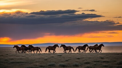 A herd of wild horses gallops across a vast, grassy plain against a vibrant sunset sky