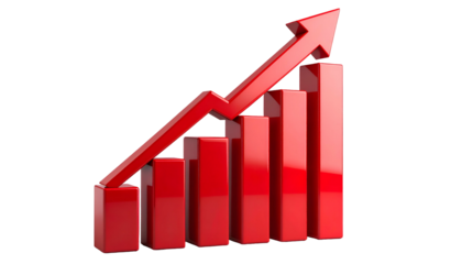 Glossy red bar graph with an arrow pointing upwards, symbolizing growth and progress