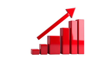 Red 3D bar graph with an upward arrow on a black background, representing growth