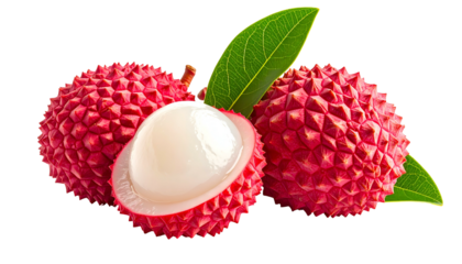 Close-up of lychees with rough pink skins and white flesh exposed. Green leaves