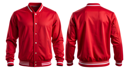 Front and back views of a red bomber jacket with white accents
