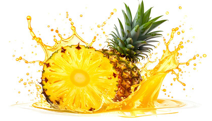 A halved pineapple with crown, sliced section facing, exploding with juice against a black background