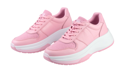 Pair of pink sneakers with white platform soles, isolated on a transparent background