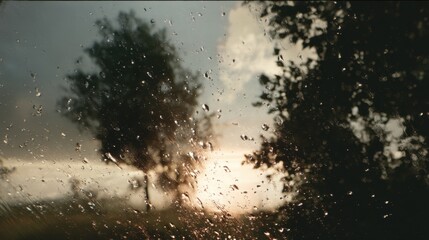 Rain falls on a window creating droplets that distort the view of trees and a sunset. The sky is filled with clouds and light reveals the beauty of nature.