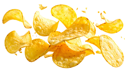 Close-up of golden-brown, crispy potato crisps on a stark black background