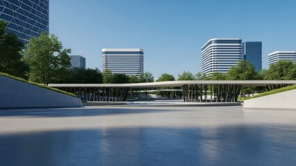 A modern urban plaza with unique architecture and surrounding high-rise buildings