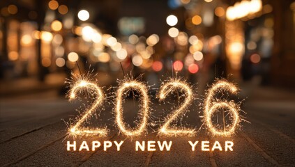Celebratory Sparkler 2026 Happy New Year Fireworks Light Display on Street Night