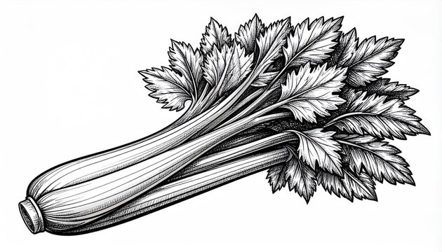 Detailed Celery Stalk Illustration with Intricate Leaf Details.