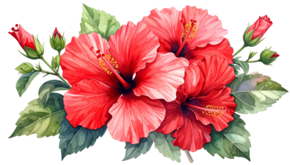 Vibrant watercolor depiction of hibiscus flowers, buds, and foliage