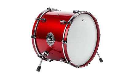 A vibrant, glossy red bass drum, showcasing its hardware and white drumhead against black