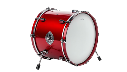A vibrant, glossy red bass drum, showcasing its hardware and white drumhead against black