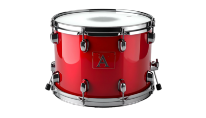 Glossy, crimson drum set with reflective chrome hardware, isolated on black background