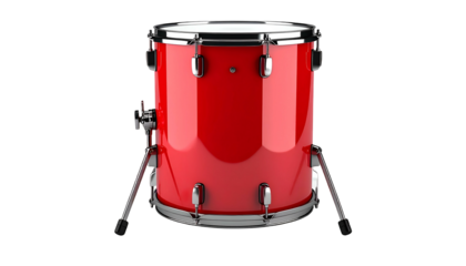 A shiny red drum with chrome hardware and black background, studio shot