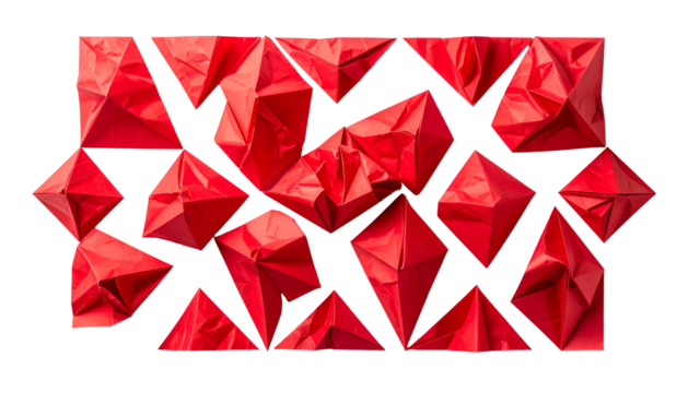 Geometric arrangement of red folded paper shapes on a dark background - Powered by Adobe