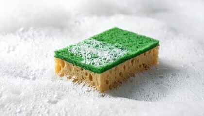 Close up of a two sided kitchen cleaning sponge with green scouring pad resting in a bath of white soap suds and dishwashing foam during domestic chores