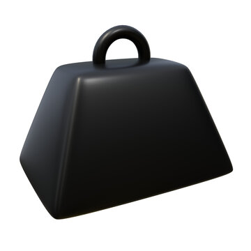 A black, trapezoidal weight with a rounded handle sits isolated on a white background, rendered with smooth, glossy surfaces and soft, diffused lighting.
