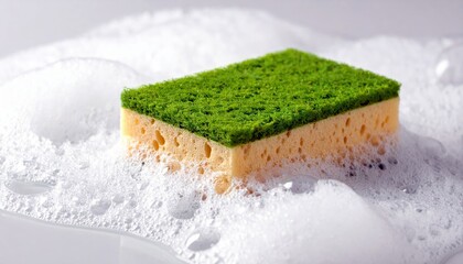 Close up view of a dual-sided kitchen cleaning sponge with green scouring pad resting in a mound of white soap suds and water bubbles