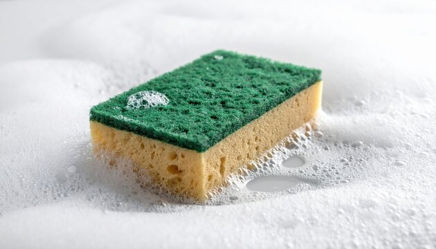 Rectangular kitchen cleaning sponge featuring a green abrasive scourer side resting in thick white dishwashing soap suds on a bright surface for domestic chores concept