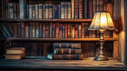 Antique books, wooden shelves, vintage lamp, study