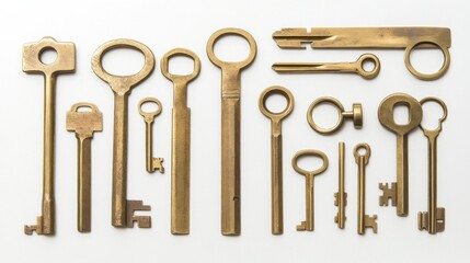 Antique Brass Keys Arranged on White Background