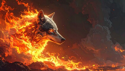 Digital artwork of a wolf's head surrounded by flames. Orange and red hues dominate the fiery scene. Cloudy backdrop
