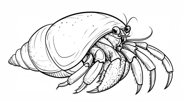 Detailed Line Art Illustration of a Hermit Crab in Shell.