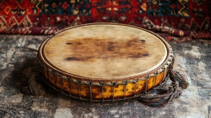 Antique drum on patterned rug, ethnic music instrument