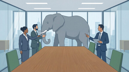 employees pointing at elephant in the room during office discussion, conflict resolution metaphor