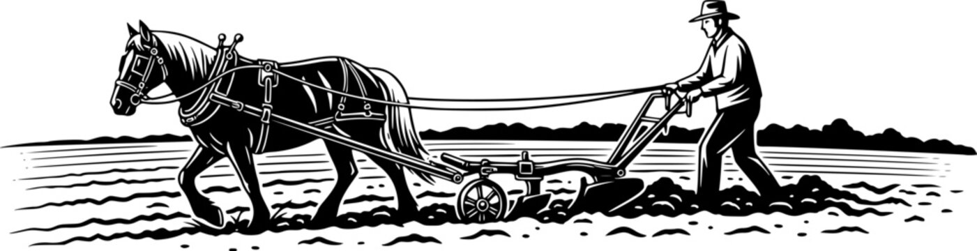 Monochrome illustration of a horse-drawn plow tilling farmland i
