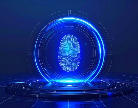 Digital fingerprint rendered in vibrant blue, encircled by glowing neon lines, atop a futuristic platform against a dark background - Powered by Adobe