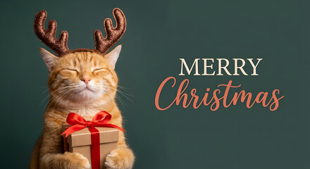 Cute Ginger Cat with Reindeer Antlers Holding Christmas Gift on Festive Green Background with Merry Christmas Text
