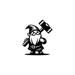 Cartoon dwarf blacksmith holding hammer, cute fantasy gnome character in bold monochrome vector style