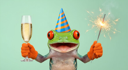 Funny Frog Celebrating New Year with Champagne Glass and Sparkler on Festive Mint Background