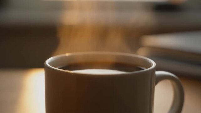Close up of steaming hot coffee in a mug on a table. 4k Food Footage Video