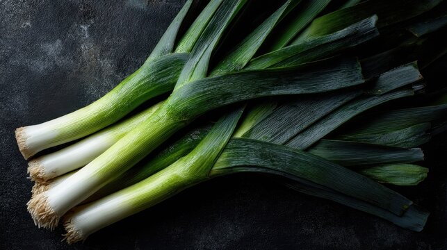 Fresh leeks are neatly placed on a dark surface. They are ready for use in various dishes. The leeks show their green and white colors indicating freshness.